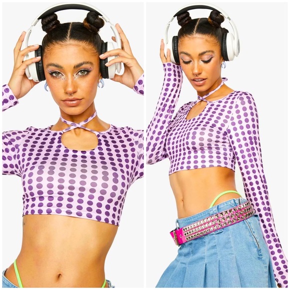 Dolls Kill Tops Nwt Dolls Kill Long Sleeve Crop Top Purple Polka